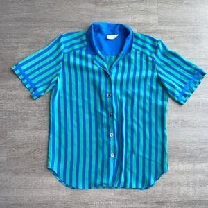 Vintage TanJay Striped Quirky Button-Up Blouse Size 8 Polyester Turquoise 1277